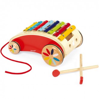 Dřevěné hračky - Tahací hračka - Vozík s xylofónem Red Tatoo (Janod)