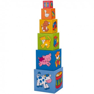 Ostatní hračky - Pyramida z kartónu - Věci a zvířata, 6 kostek (Goki)