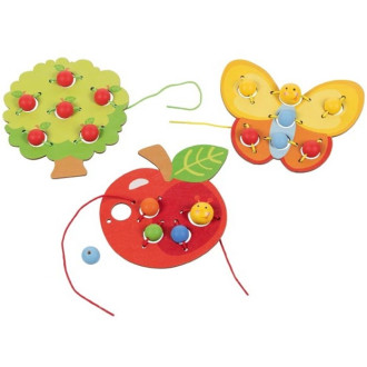 Dřevěné hračky - Navlékání tvarů - Ovocný sad dřevěný, 3 motivy (Goki)