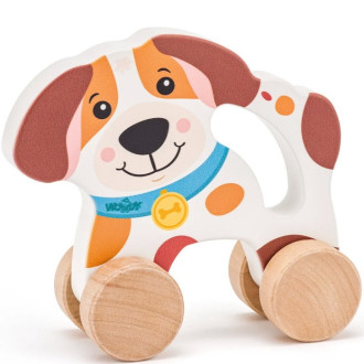 Dřevěné hračky - Zvířátko na kolečkách - Pes s držadlem dřevěný (Woody)