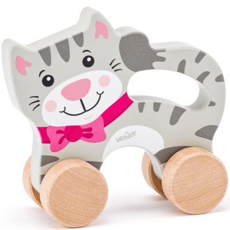Dřevěné hračky - Zvířátko na kolečkách - Kočka s držadlem dřevěný (Woody)