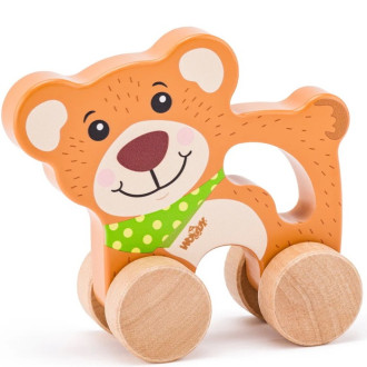 Dřevěné hračky - Zvířátko na kolečkách - Medvěd s držadlem dřevěný (Woody)