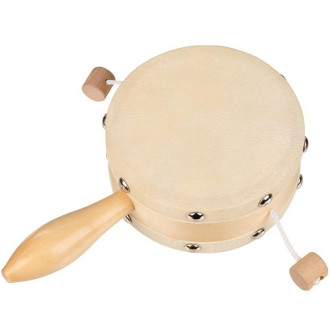 Dřevěné hračky - Hudba - Bubínek s rukojetí, Přírodní s pravou kůží (Goki)