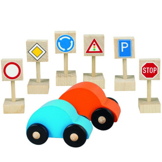 Dřevěné hračky - Auta - Dvě autíčka a dopravní značky dřevěné (Detoa)