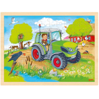 Puzzle a hlavolamy - Puzzle na desce - Velké A3, Traktor zelený, 96 dílků (Goki)