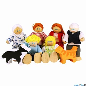 Dřevěné hračky - Panenky do domečku - Rodinka se zvířátky, 8ks (Bigjigs)