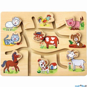 Dřevěné hračky - Motorický labyrint - Najdi hlavu zvířátka, Farma (Bino)
