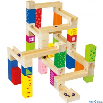 Dřevěné hračky - Kuličková dráha - Dřevěná s potiskem, 66 dílů (Bino)