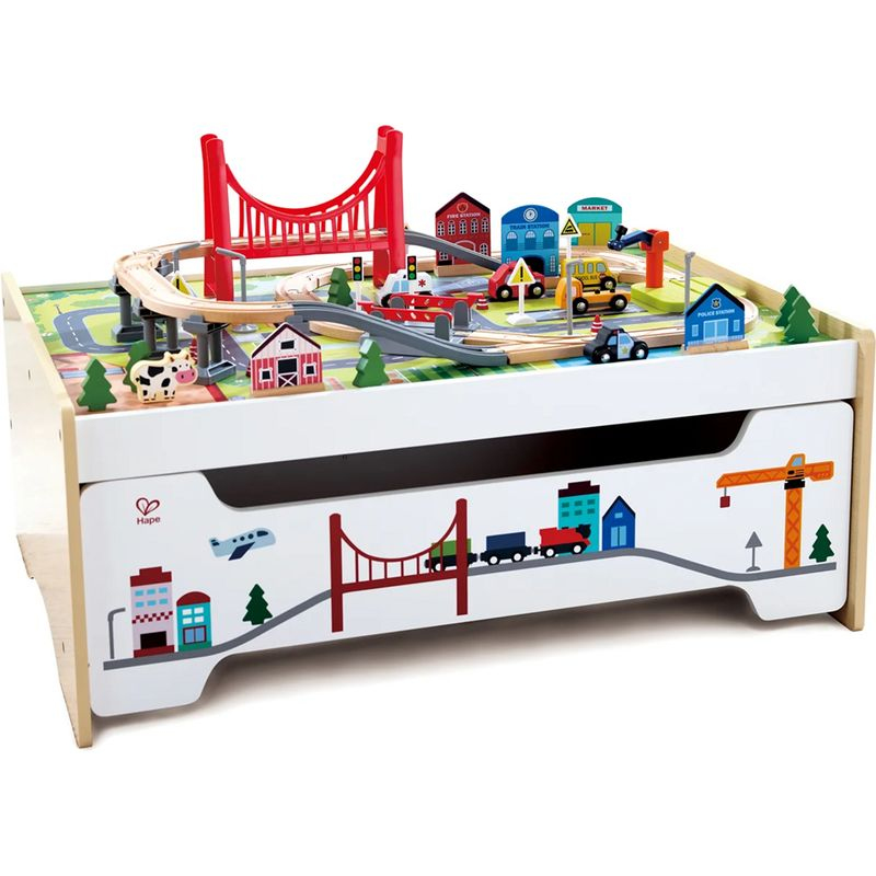 Vláčkodráha Hape - S hracím stolem a úložným prostorem, 75 dílů