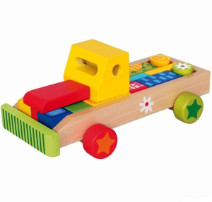 Kostky - Barevné ve vozíku, Auto s tvary, 18ks (Bino)