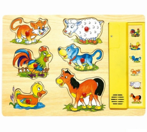 Puzzle muzikální - Domácí zvířata, žluté, 6ks (Woody)