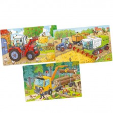 Puzzle dřevěné - Zemědělská vozidla, 3 x 24 dílů (Goki)