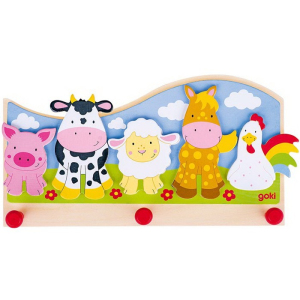 Věšák dřevěný - 3 háčky, Zvířátka na farmě (Goki)