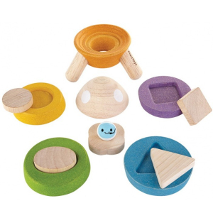 Skládačka s kroužky - Raketa s tvary dřevěná (Plantoys)