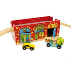 Vláčkodráha budovy - Zastávka s obchody + 2 auta (Bigjigs)