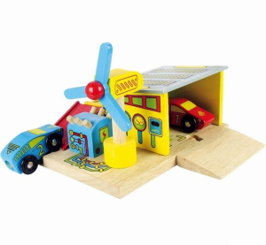 Vláčkodráha budovy - Autoservis + 2 auta (Bigjigs)