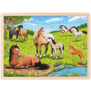 Puzzle na desce - Velké A3, Koně na louce, 96 dílků (Goki)