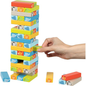 Jenga barevná - Se zvířátky a kostkou (Goki)