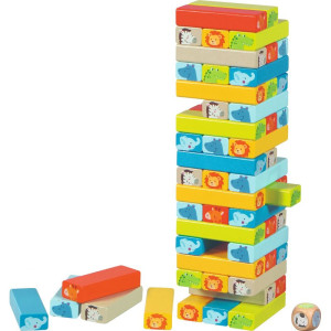 Jenga barevná - Se zvířátky a kostkou (Goki)