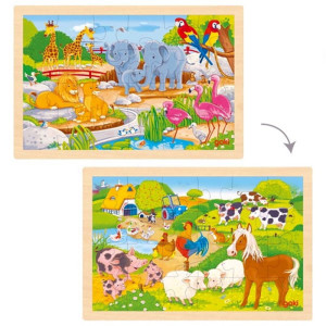 Puzzle na desce - Oboustranné, Farma a ZOO, 24 ks (Goki)