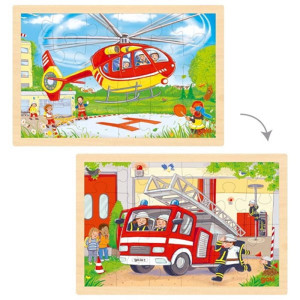 Puzzle na desce - Oboustranné, Vrtulník a hasiči, 24 ks (Goki)