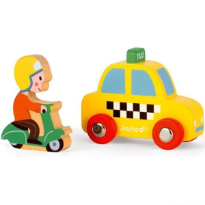 Auto - Set dřevěný, Taxík a jezdec na skútru (Janod)