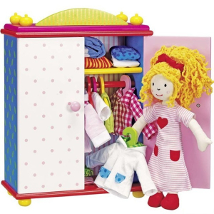 Panenka látková - Karry, Oblékací se skříní ze dřeva (Goki)