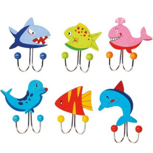 Věšák dřevěný - 2 háčky, Mořská zvířata, 6ks (Small foot)