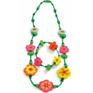 Dřevěná bižuterie - Sada, Zelený s květinkami (Woody)