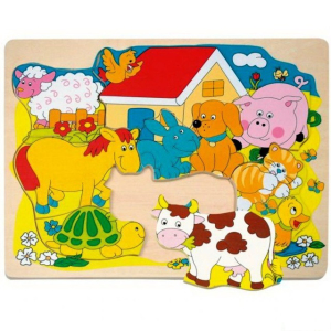 Puzzle na desce - Tvarové, Domácí zvířátka, 10ks (Woody)